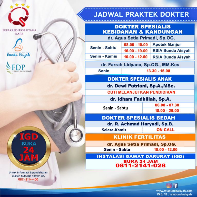 Jadwal Praktek Dokter Spesialis – Rumah Sakit Ibu Dan Anak Bunda Aisyah