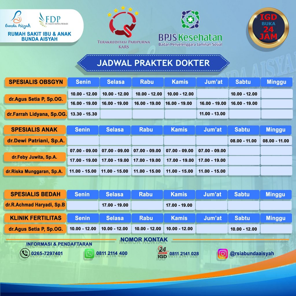 Jadwal Praktek Dokter Spesialis – Rumah Sakit Ibu Dan Anak Bunda Aisyah